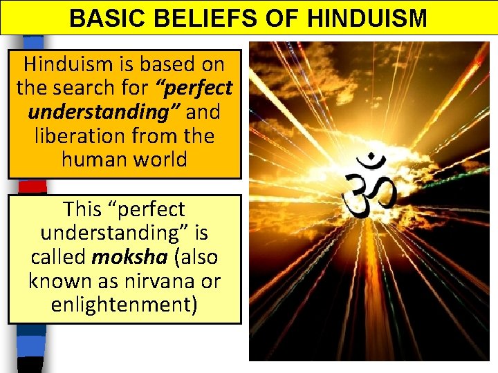 BASIC BELIEFS OF HINDUISM Hinduism is based on the search for “perfect understanding” and