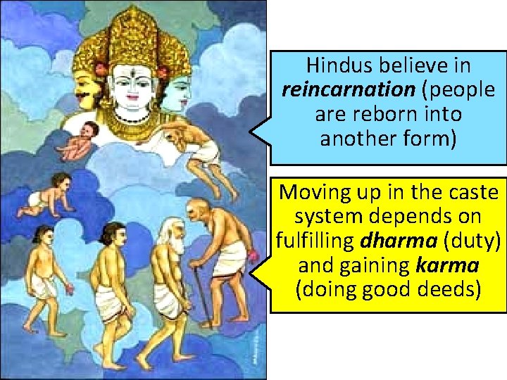 Hindus believe in reincarnation (people are reborn into another form) Moving up in the