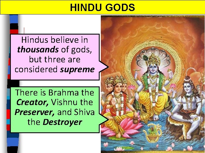 HINDU GODS Hindus believe in thousands of gods, but three are considered supreme There