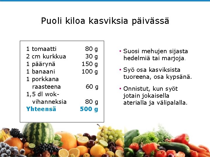 Puoli kiloa kasviksia päivässä 1 tomaatti 80 g 2 cm kurkkua 30 g 1