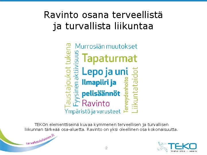 Ravinto osana terveellistä ja turvallista liikuntaa TEKOn elementtiseinä kuvaa kymmenen terveellisen ja turvallisen liikunnan