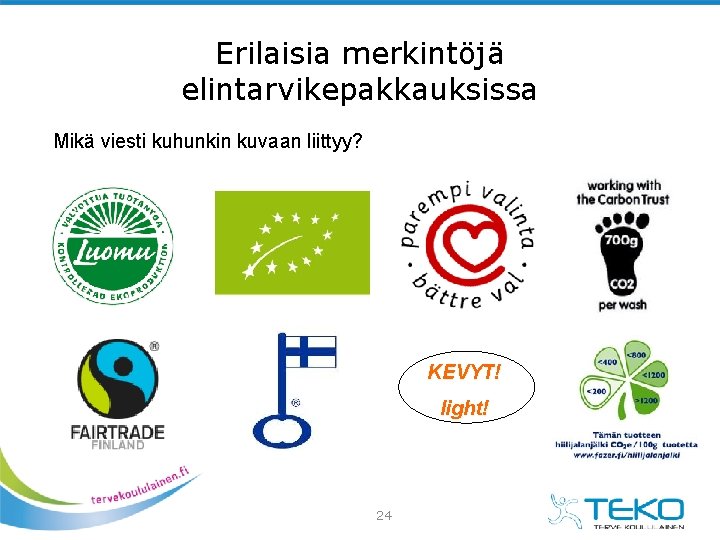 Erilaisia merkintöjä elintarvikepakkauksissa Mikä viesti kuhunkin kuvaan liittyy? KEVYT! light! 24 