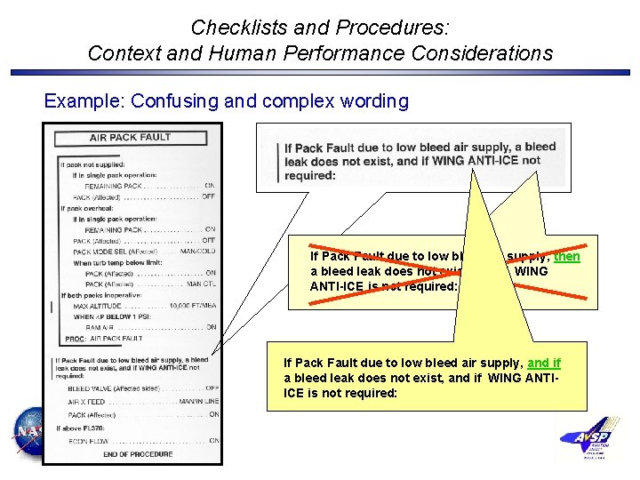 Checklists and Procedures: Context and Human Performance Considerations Example: Confusing and complex wording If