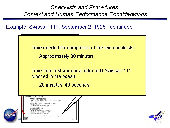 Checklists and Procedures: Context and Human Performance Considerations Example: Swissair 111, September 2, 1998