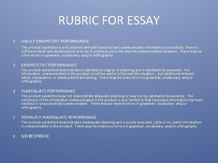 RUBRIC FOR ESSAY 4 HIGHLY COMPETENT PERFORMANCE The product submitted is well planned and