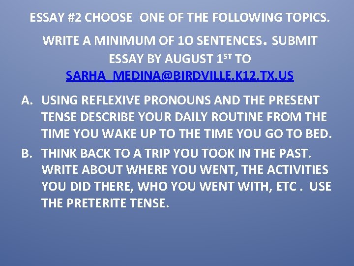 ESSAY #2 CHOOSE ONE OF THE FOLLOWING TOPICS. WRITE A MINIMUM OF 1 O