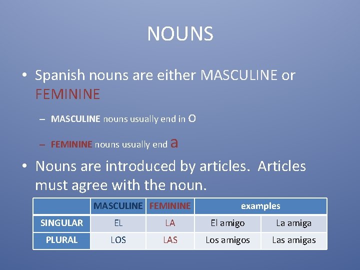 NOUNS • Spanish nouns are either MASCULINE or FEMININE – MASCULINE nouns usually end