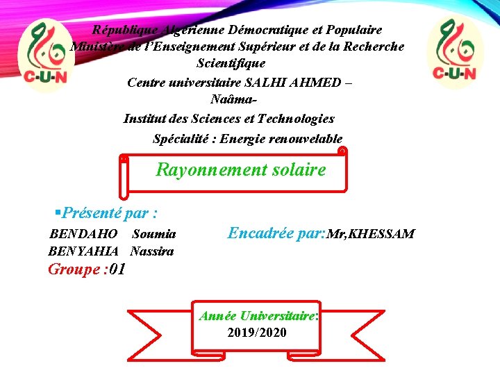 République Algérienne Démocratique et Populaire Ministère de l’Enseignement Supérieur et de la Recherche Scientifique
