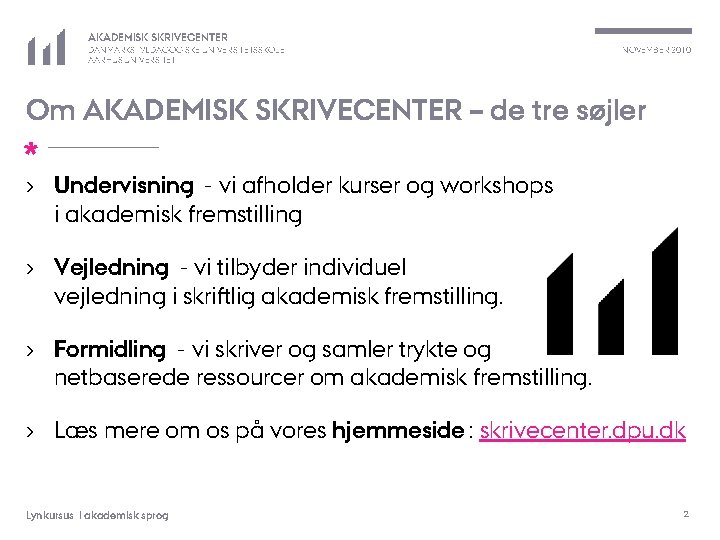 AKADEMISK SKRIVECENTER DANMARKS PÆDAGOGISKE UNIVERSITETSSKOLE AARHUS UNIVERSITET NOVEMBER 2010 Om AKADEMISK SKRIVECENTER – de