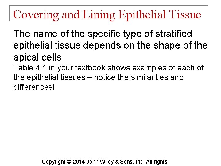 Covering and Lining Epithelial Tissue The name of the specific type of stratified epithelial