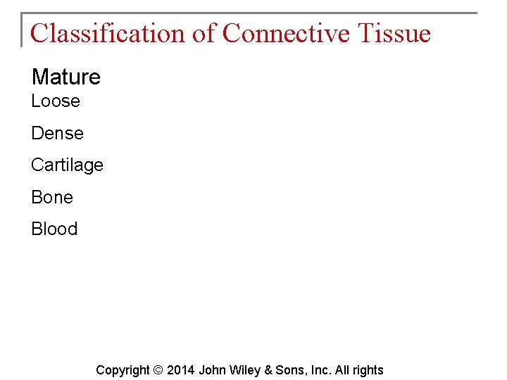 Classification of Connective Tissue Mature Loose Dense Cartilage Bone Blood Copyright © 2014 John