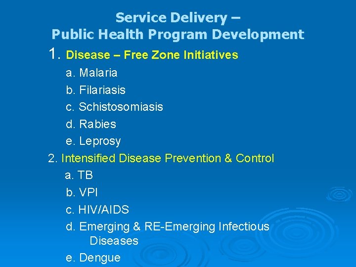 Service Delivery – Public Health Program Development 1. Disease – Free Zone Initiatives a.