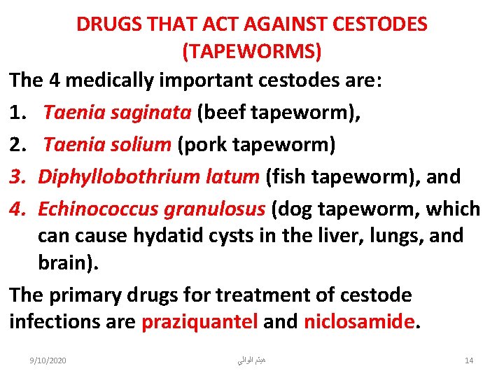 DRUGS THAT ACT AGAINST CESTODES (TAPEWORMS) The 4 medically important cestodes are: 1. Taenia