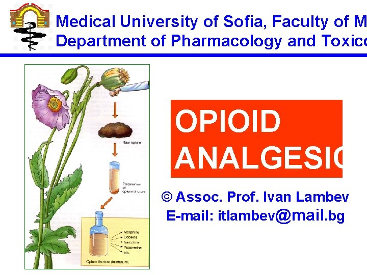 Medical University of Sofia, Faculty of M Department of Pharmacology and Toxico OPIOID ANALGESICS