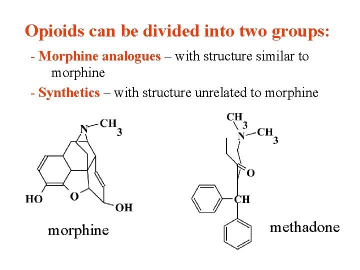 Opioids can be divided into two groups: - Morphine analogues – with structure similar