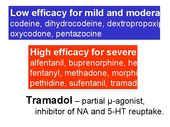 Low efficacy for mild and moderate codeine, dihydrocodeine, dextropropoxiphe oxycodone, pentazocine High efficacy for