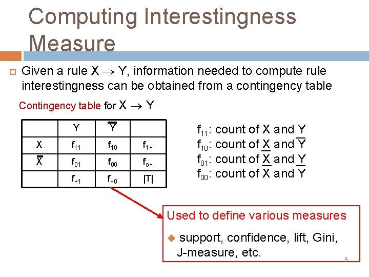 Computing Interestingness Measure Given a rule X Y, information needed to compute rule interestingness