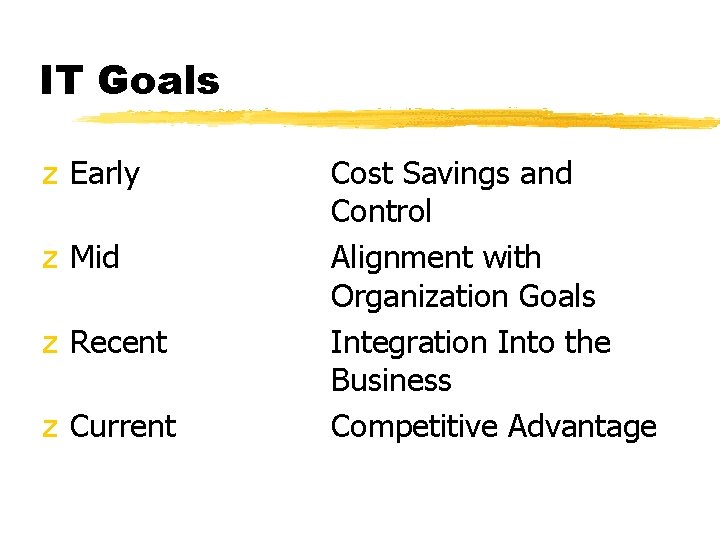 IT Goals z Early z Mid z Recent z Current Cost Savings and Control IT Goals z Early z Mid z Recent z Current Cost Savings and Control