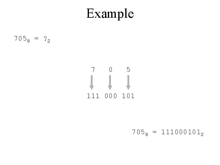 Example 7058 = ? 2 7 0 5 111 000 101 7058 = 1110001012