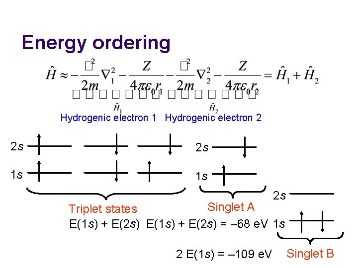 Energy ordering Hydrogenic electron 1 Hydrogenic electron 2 2 s 2 s 1 s