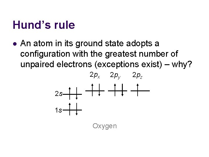 Hund’s rule l An atom in its ground state adopts a configuration with the Hund’s rule l An atom in its ground state adopts a configuration with the