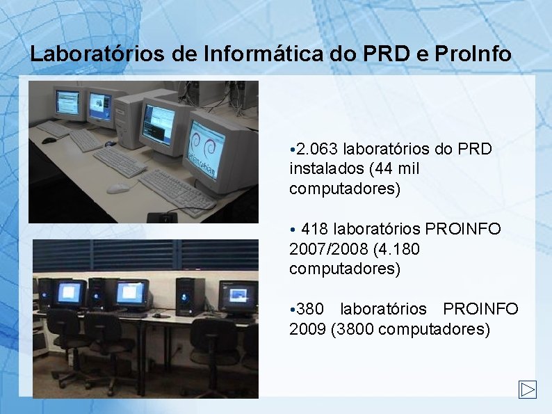 Laboratórios de Informática do PRD e Pro. Info • 2. 063 laboratórios do PRD