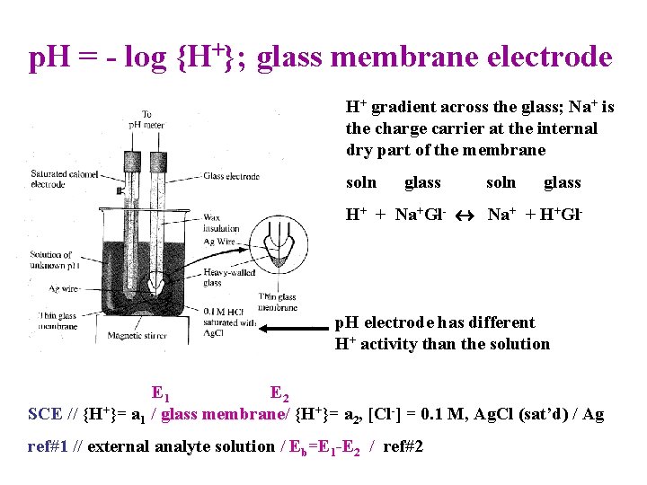 p. H = - log {H+}; glass membrane electrode H+ gradient across the glass;