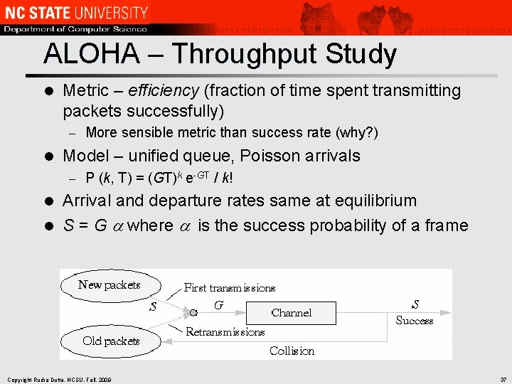 ALOHA – Throughput Study l Metric – efficiency (fraction of time spent transmitting packets