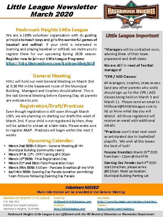 Little League Newsletter March 2020 Hasbrouck Heights Little League We are a 100% volunteer