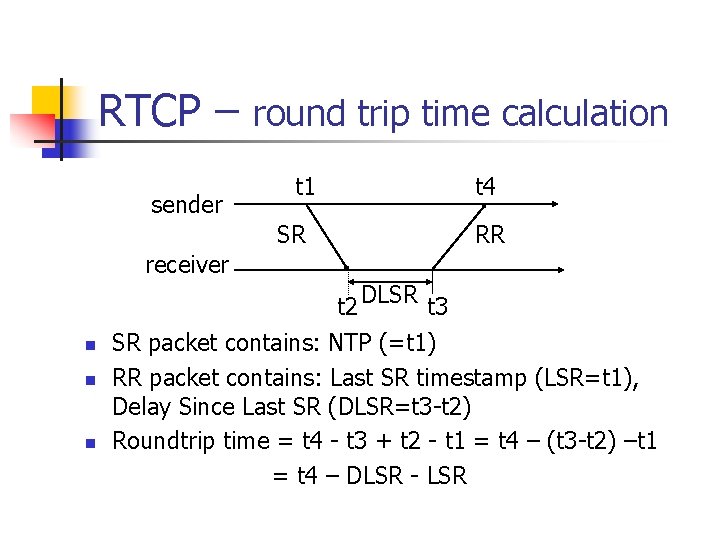 RTCP – round trip time calculation sender t 1 SR t 4 RR receiver