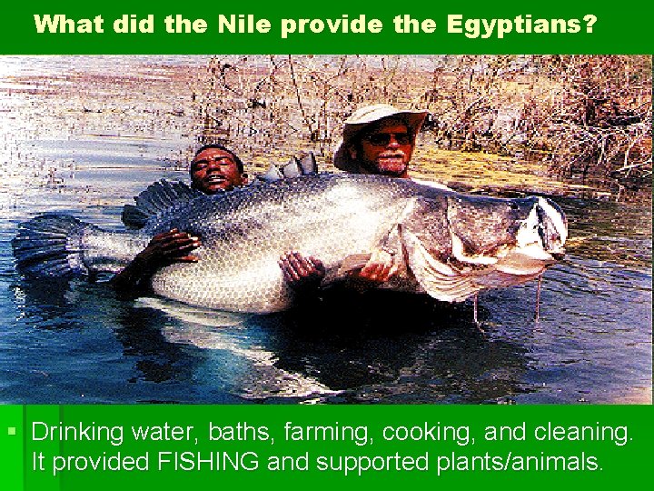 What did the Nile provide the Egyptians? § Drinking water, baths, farming, cooking, and