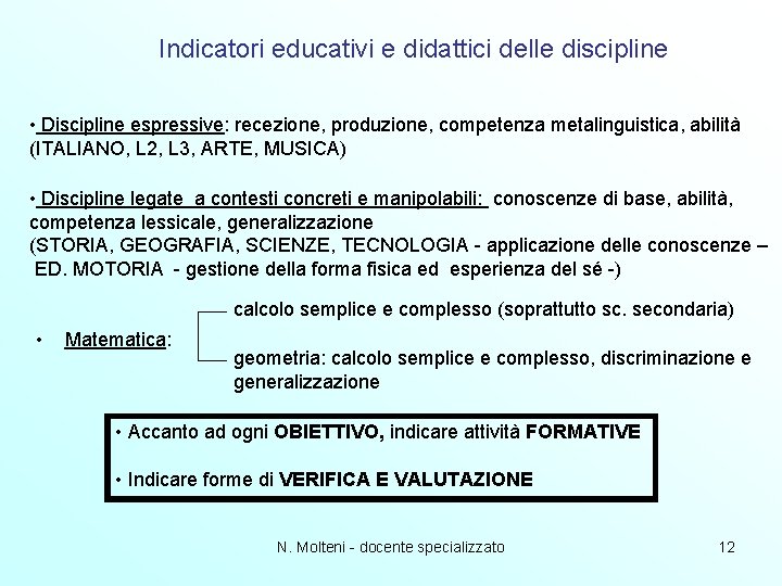 Indicatori educativi e didattici delle discipline • Discipline espressive: recezione, produzione, competenza metalinguistica, abilità Indicatori educativi e didattici delle discipline • Discipline espressive: recezione, produzione, competenza metalinguistica, abilità