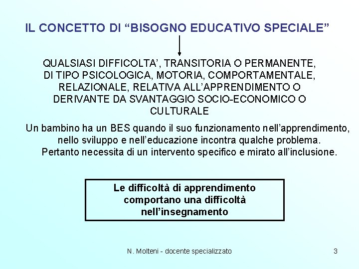 IL CONCETTO DI “BISOGNO EDUCATIVO SPECIALE” QUALSIASI DIFFICOLTA’, TRANSITORIA O PERMANENTE, DI TIPO PSICOLOGICA, IL CONCETTO DI “BISOGNO EDUCATIVO SPECIALE” QUALSIASI DIFFICOLTA’, TRANSITORIA O PERMANENTE, DI TIPO PSICOLOGICA,