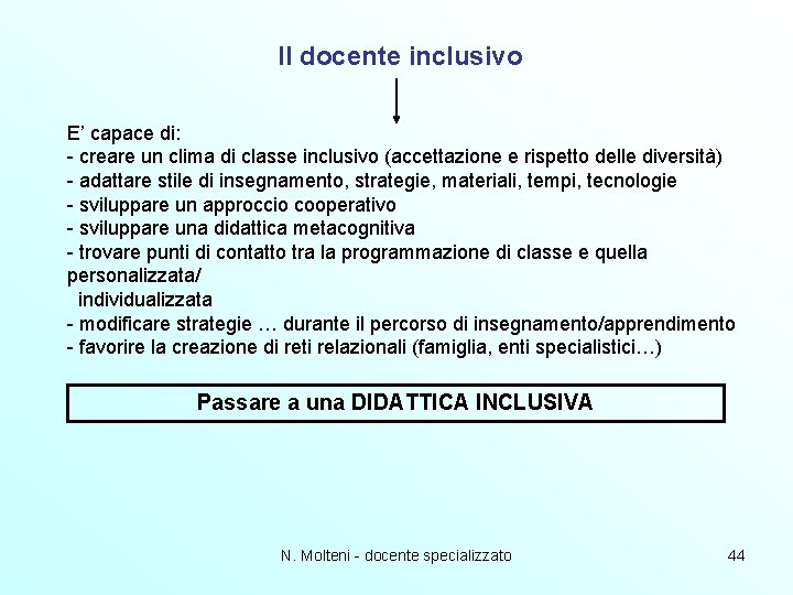Il docente inclusivo E’ capace di: - creare un clima di classe inclusivo (accettazione Il docente inclusivo E’ capace di: - creare un clima di classe inclusivo (accettazione