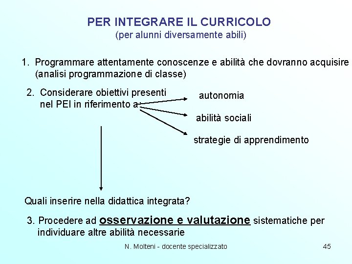 PER INTEGRARE IL CURRICOLO (per alunni diversamente abili) 1. Programmare attentamente conoscenze e abilità PER INTEGRARE IL CURRICOLO (per alunni diversamente abili) 1. Programmare attentamente conoscenze e abilità