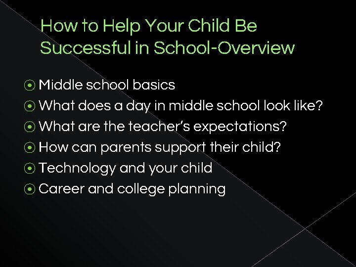 How to Help Your Child Be Successful in School-Overview ⦿ Middle school basics ⦿