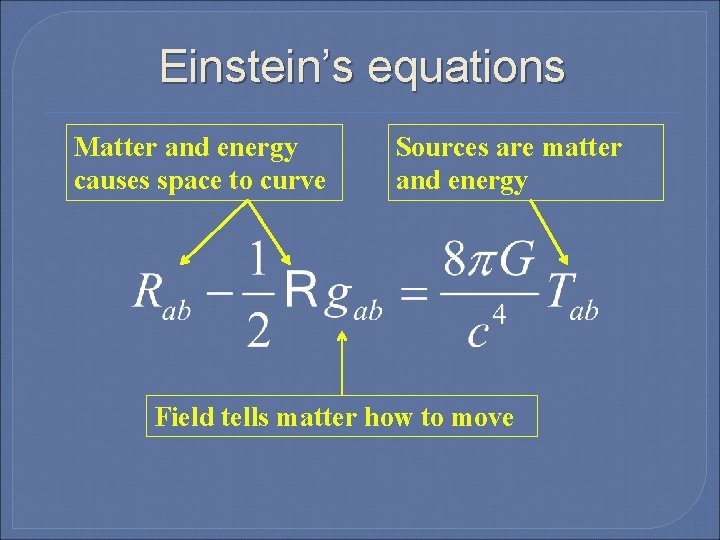 Einstein’s equations Matter and energy causes space to curve Sources are matter and energy