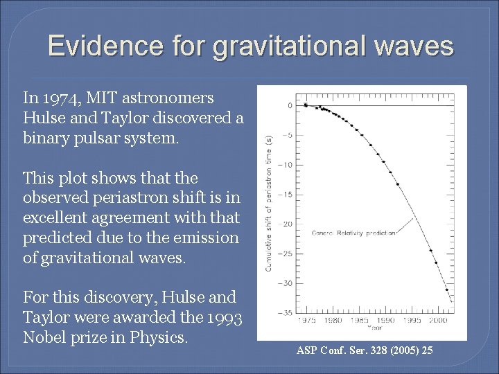 Evidence for gravitational waves In 1974, MIT astronomers Hulse and Taylor discovered a binary
