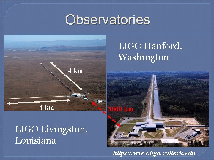 Observatories LIGO Hanford, Washington 4 km 3000 km LIGO Livingston, Louisiana https: //www. ligo.