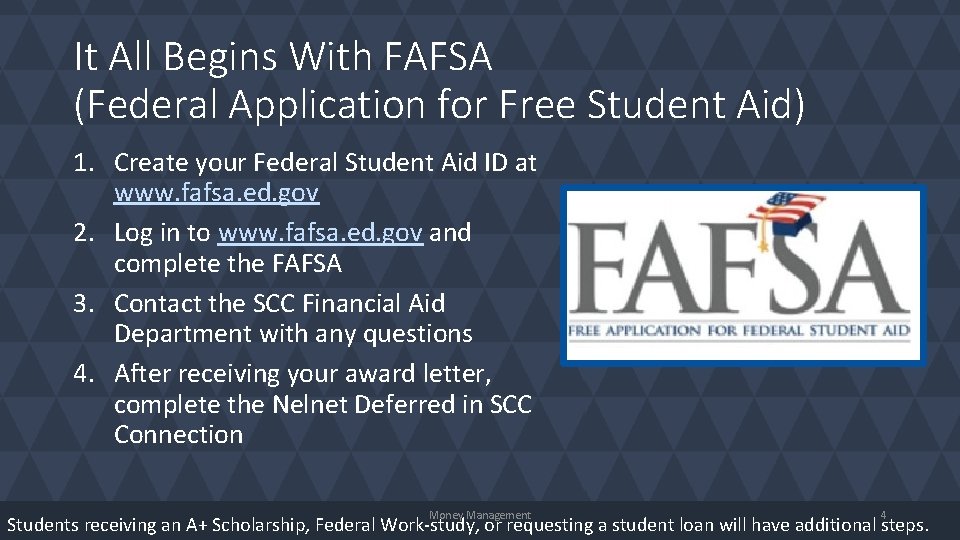 It All Begins With FAFSA (Federal Application for Free Student Aid) 1. Create your