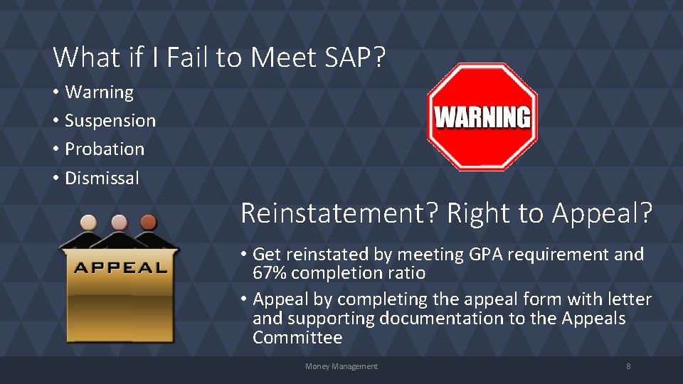 What if I Fail to Meet SAP? • Warning • Suspension • Probation •