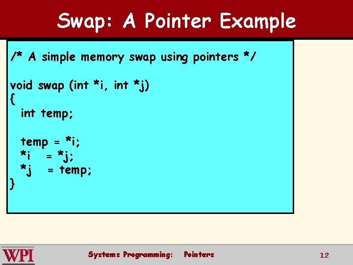 Swap: A Pointer Example /* A simple memory swap using pointers */ void swap