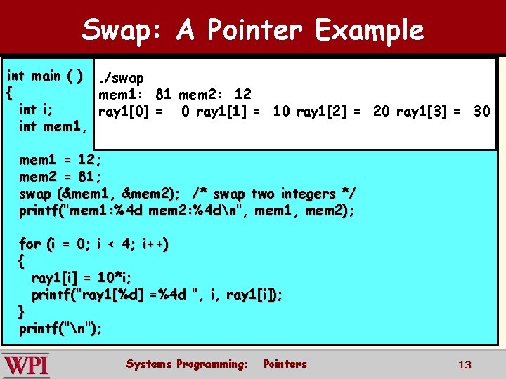 Swap: A Pointer Example int main ( ) { int i; int mem 1,