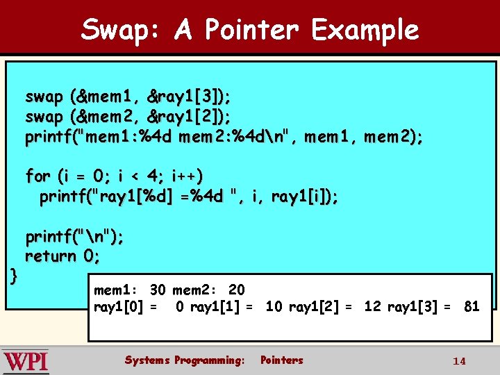 Swap: A Pointer Example swap (&mem 1, &ray 1[3]); swap (&mem 2, &ray 1[2]);