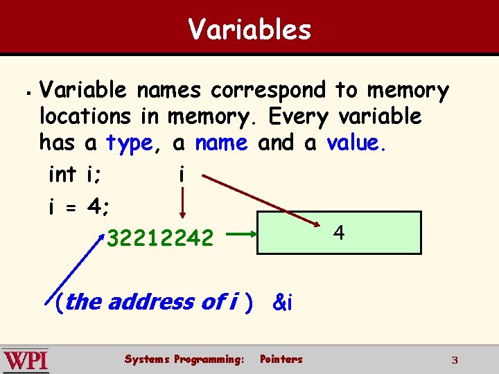 Variables § Variable names correspond to memory locations in memory. Every variable has a