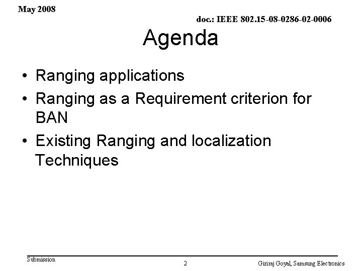 May 2008 doc. : IEEE 802. 15 -08 -0286 -02 -0006 Agenda • Ranging