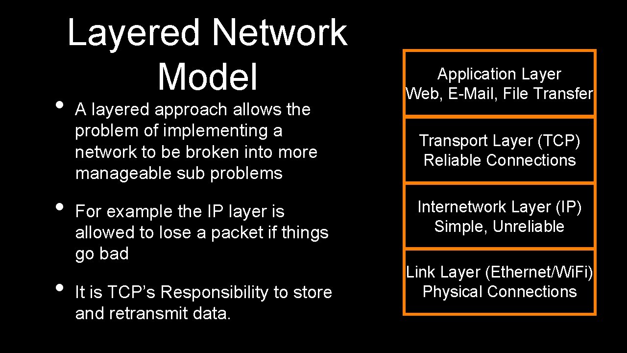  • • • Layered Network Model A layered approach allows the problem of