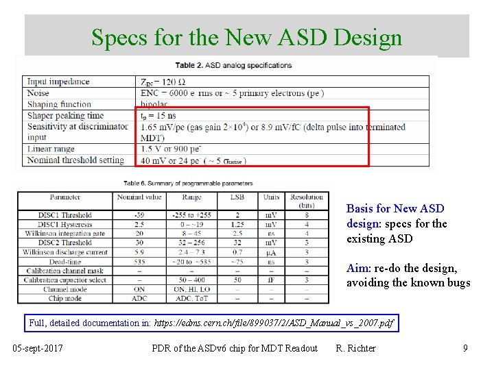 Specs for the New ASD Design Basis for New ASD design: specs for the