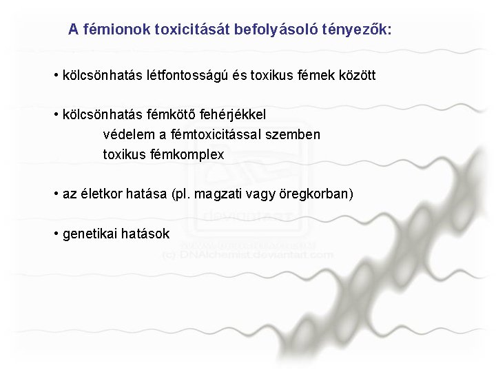 A fémionok toxicitását befolyásoló tényezők: • kölcsönhatás létfontosságú és toxikus fémek között • kölcsönhatás