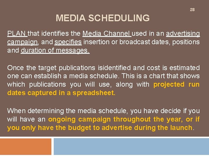 28 MEDIA SCHEDULING PLAN that identifies the Media Channel used in an advertising campaign,